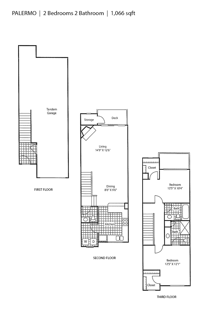 Floor plan for 2 beds, 2.5 baths, 1065 sqft